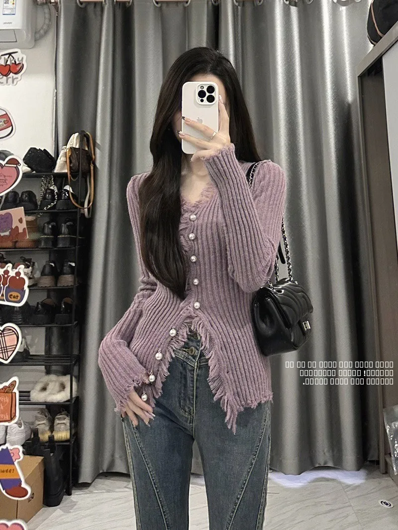 

Women's ort V-Ne Knitted Sweater Cardigan Design Sensation Hong Kong Sle Chic Slimming Top Faion Autumn Wear 2025