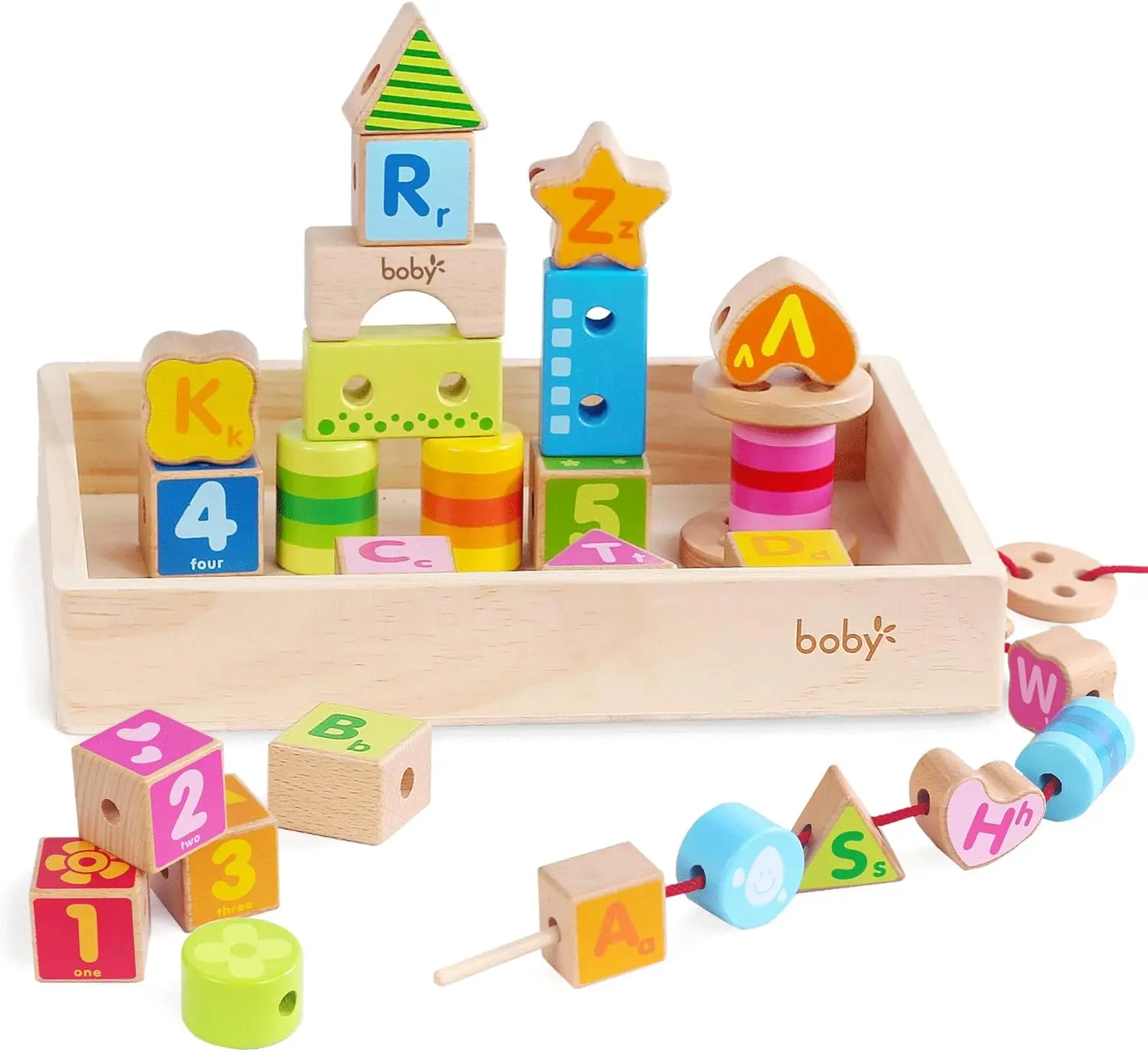 

33-Piece Large Bead Number and Letter Threading Building Blocks with Wooden Storage Box - Fine Motor Skills Training for 3-6 Yea