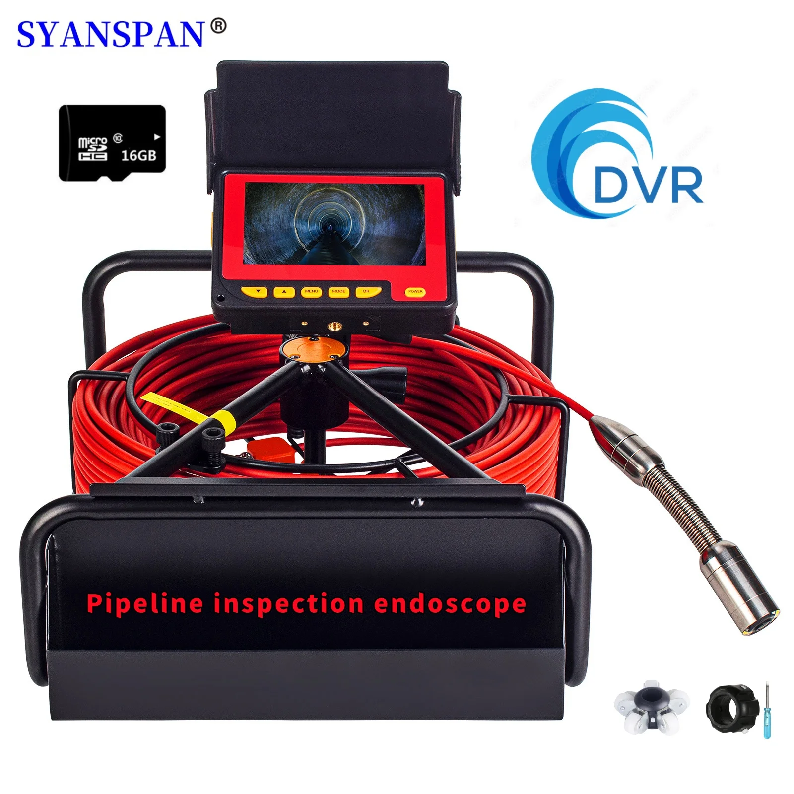 SYANSPAN 하수구 배수구 산업용 내시경, 23mm 파이프 검사 카메라, 16GB SD 카드, DVR 비디오 녹화, 8500MHA 배터리, 20 m, 30 m, 50m