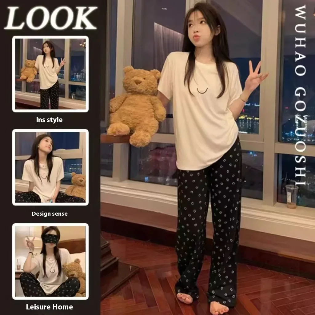 

Ins Korean Version of the Girls Printed Short-Sleeved Pajamas Homewear Set Female Spring and Summer Casual Trousers Homewear Set