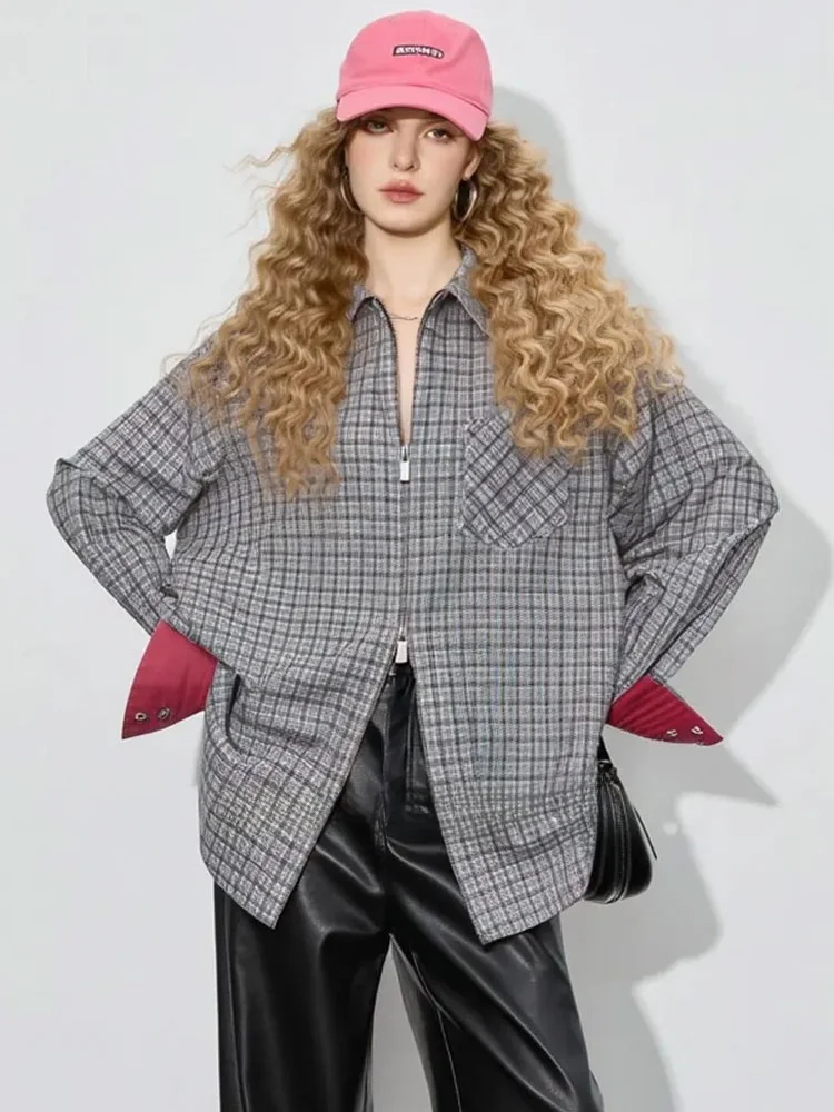 

Color Blo Plaid Double Zipper irt Women's Loose Faion Design Spring 2026 Casual Long Sve Collar Breathable Clot...