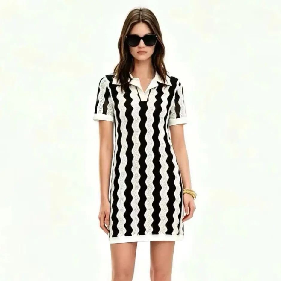 Polo Collar Half Vneck Wave Stripe Knit Dress Women Hollow Jacquard H-line Straight Short Dress Summer Elegant Ladies Mini Dres