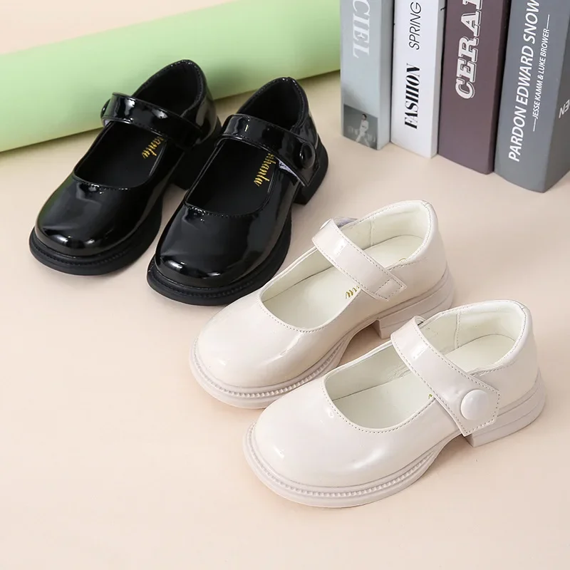 Kids Leather Shoe Glossy PU Black School Girl Shoes Spring Autumn Versatile Children Performance Mary Jane Shoes Non-slip Soft