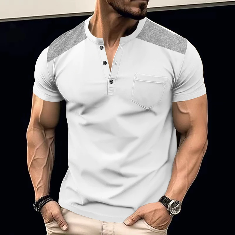 2024 Amazon summer casual men's short-sleeved T-shirt button breathable Henry shirt top