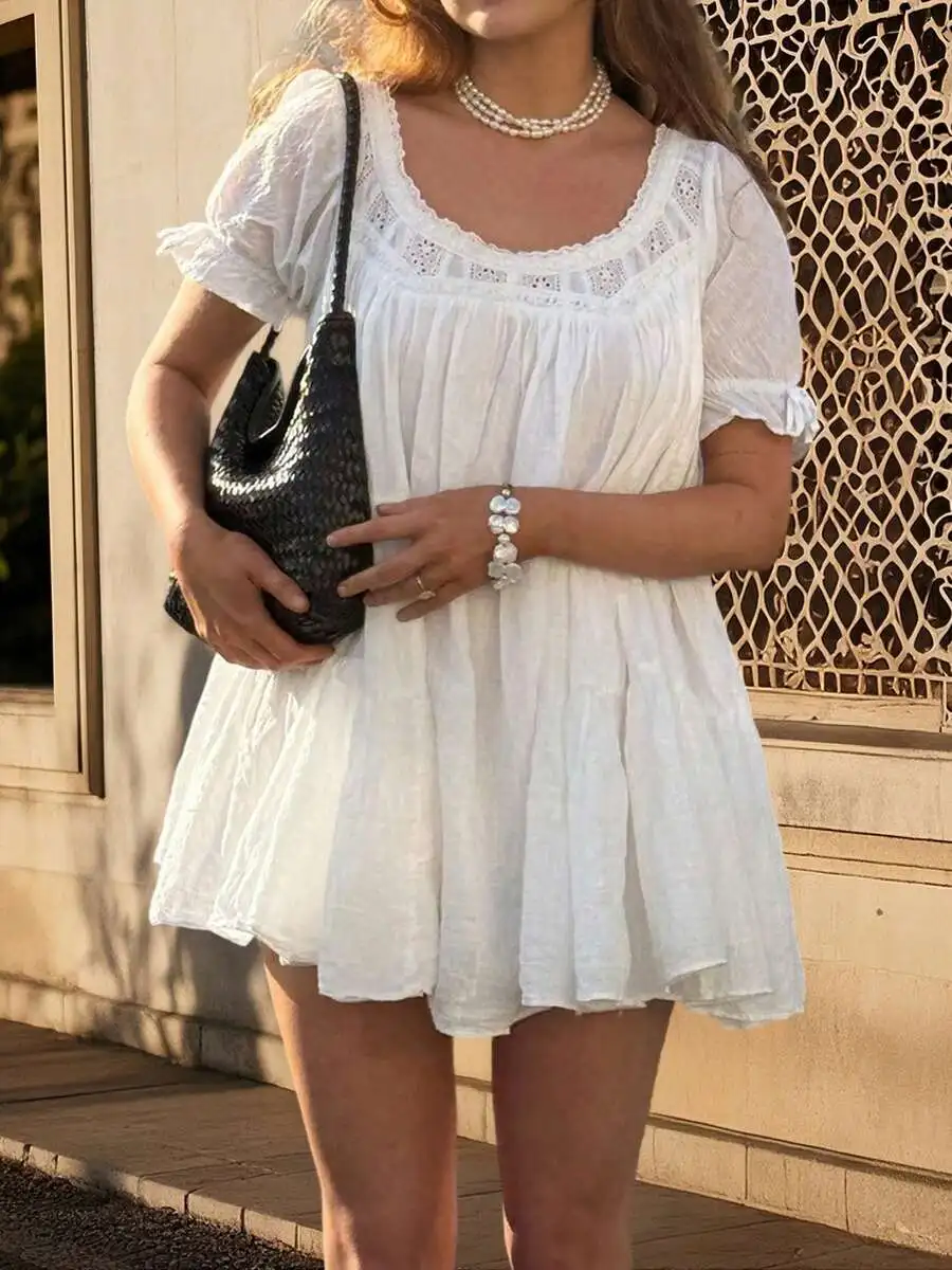 

Women Puff Sleeve Babydoll Mini Dress Lace Trim Ruffle Flowy Summer Loose Sundress