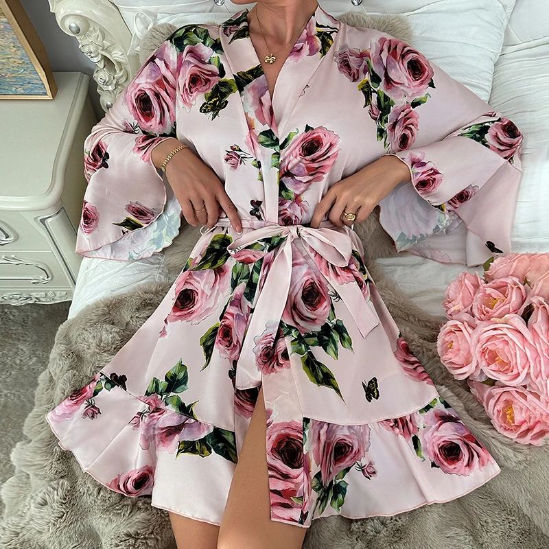 

Women's Satin Robe Imitation Silk Nightgown Pink Rose Print Pijama Sleepwear Party Short Dresses Ruffles Bathrobe Brides Gowns