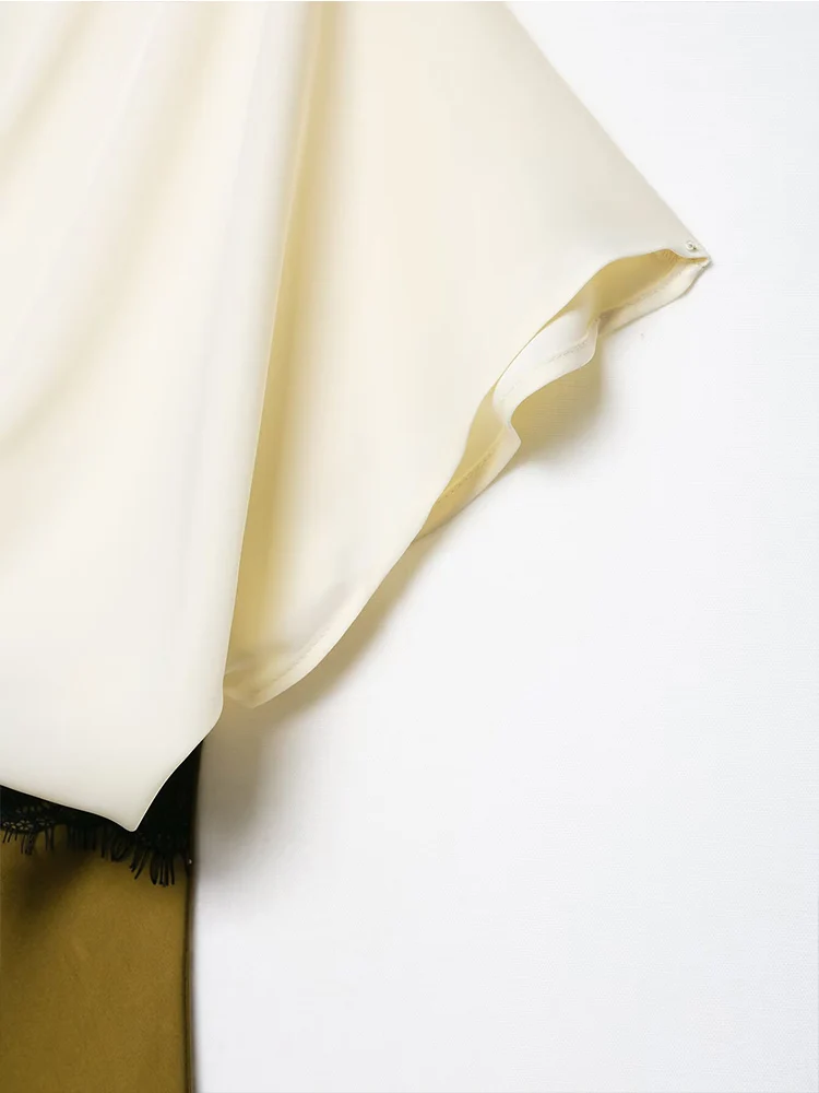 TFMLN المرأة الدانتيل الخامس الرقبة المرقعة فستان موضة عالية الخصر ضئيلة قصيرة الأكمام التباين فستان الحفلات الإناث فستان طويل أنيق #5