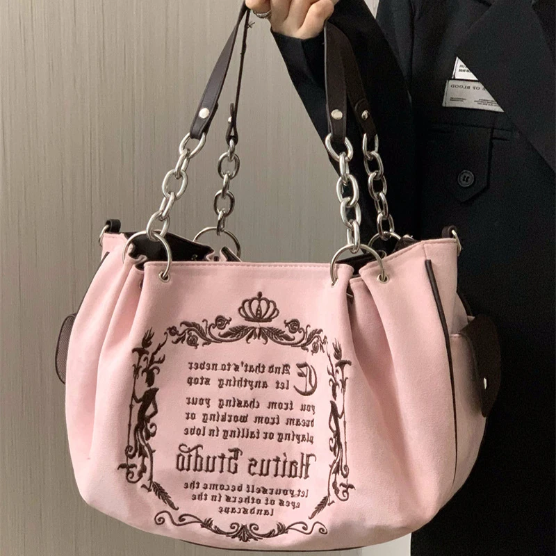 Y2K Women Pink Vintage Gothic Tote Bag Aesthetic Large Capacity Embroidery Letter Retro Ladies Grunge Chain Travel Shoulder Bags