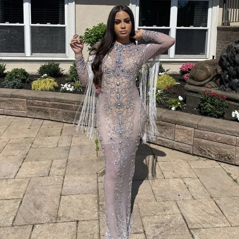 

Sparkly Crystals Mesh Long Dress Women Evening Party Rhinestone Dresses Birthday Celebrate Outfit Long Sleeve Fringes Vestidos