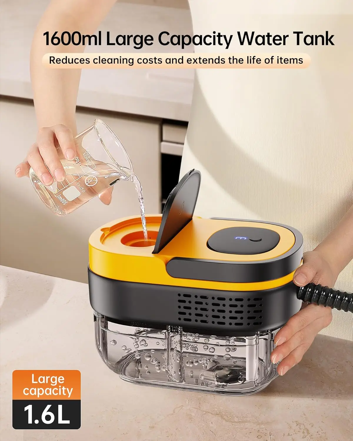 2500W スチームクリーナー、1.69クォートの大型タンク、イエロー – 家庭、車、キッチン、キャンプ用