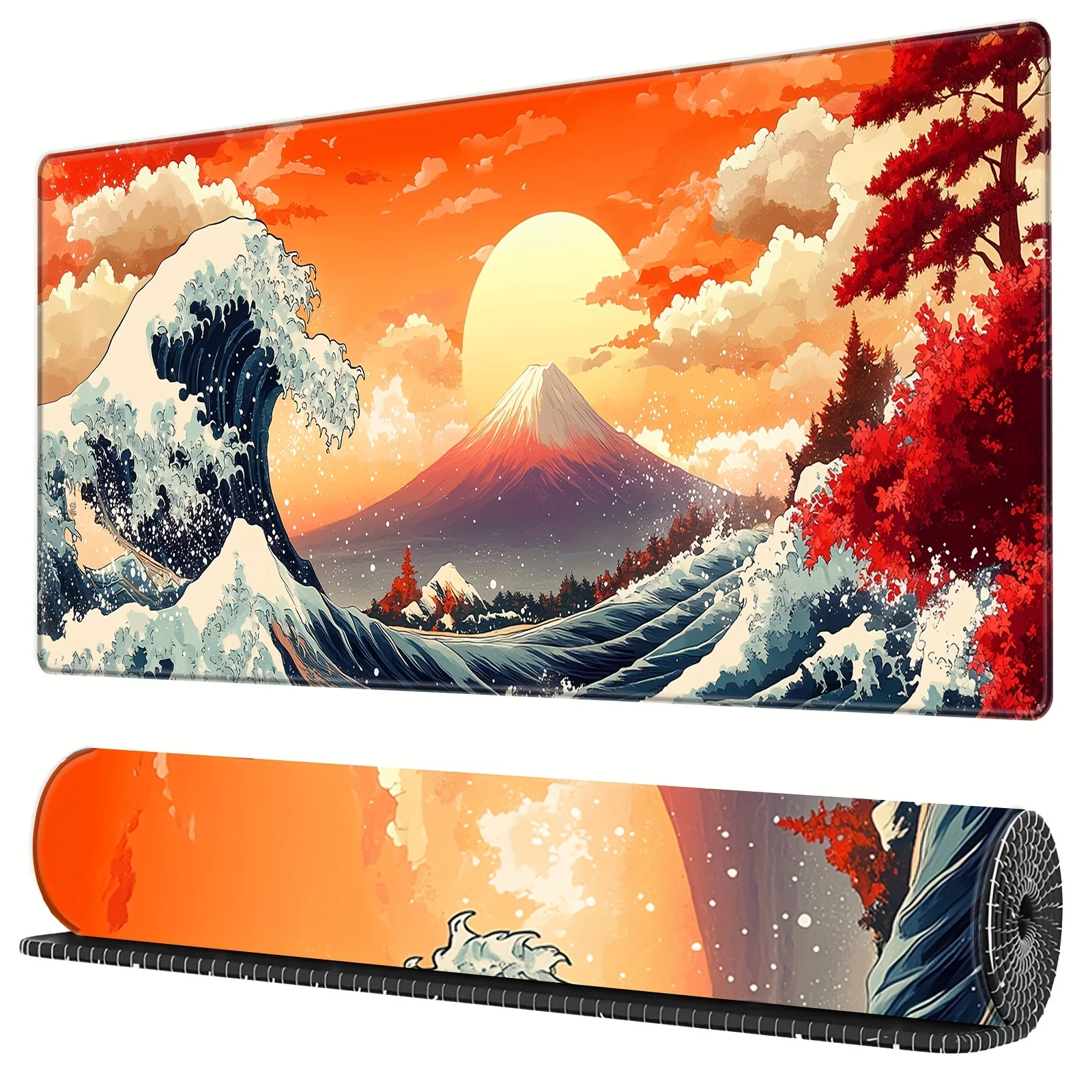 

Japanese Art Large Desk Mat Sunset Ocean Waves Gaming Mouse Pad Rubber Non-Slip Base Stitched Edges for Home Office School