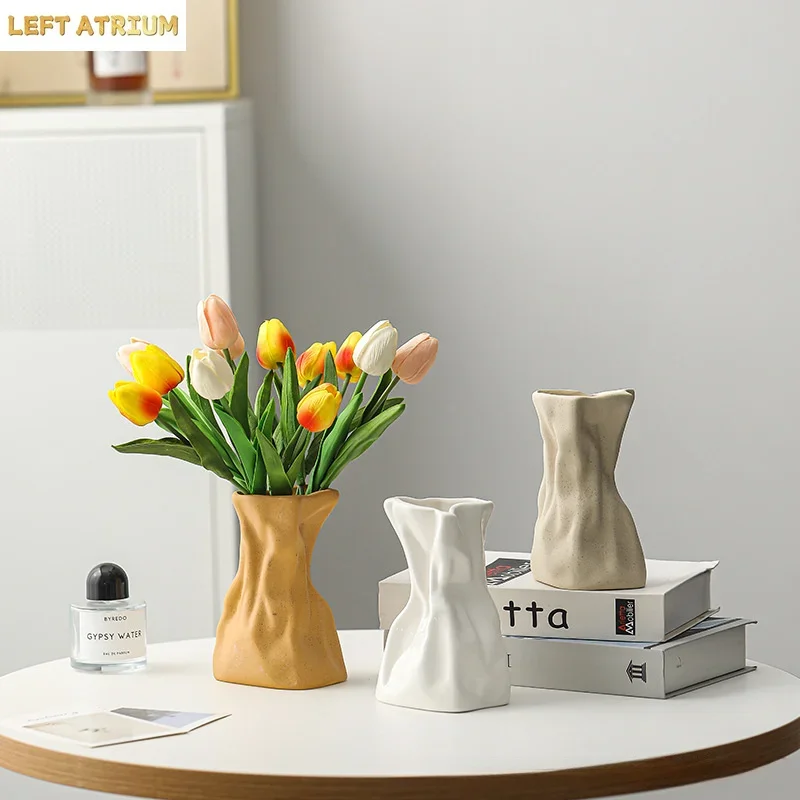 Nordic Cream Pleated Irregular Cloth Bag Ceramic Vase Dry Desktop Decoration