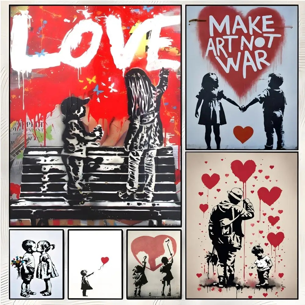 Street Artwork Banksy Graffiti Boy Girl with Balloon Poster Superior Home Space Pub Indoor Decorative Art & Home Decor