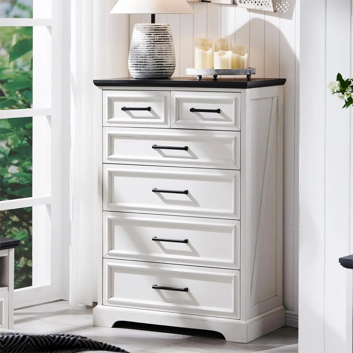 

6 Drawer Dresser, Farmhouse Chest of Drawers for Bedroom, 44" Tall Dresser with Large Metal Handles, Wood Drawer Organizer fo
