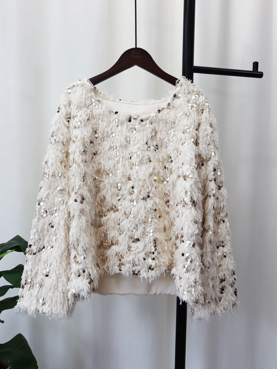 Pink Fur Long Sleeve Fluffy Top Autumn Winter Sequin 2023 Loose Knitted Sweaters Women Spring Tops Elegant Jumpers Knit Pullover