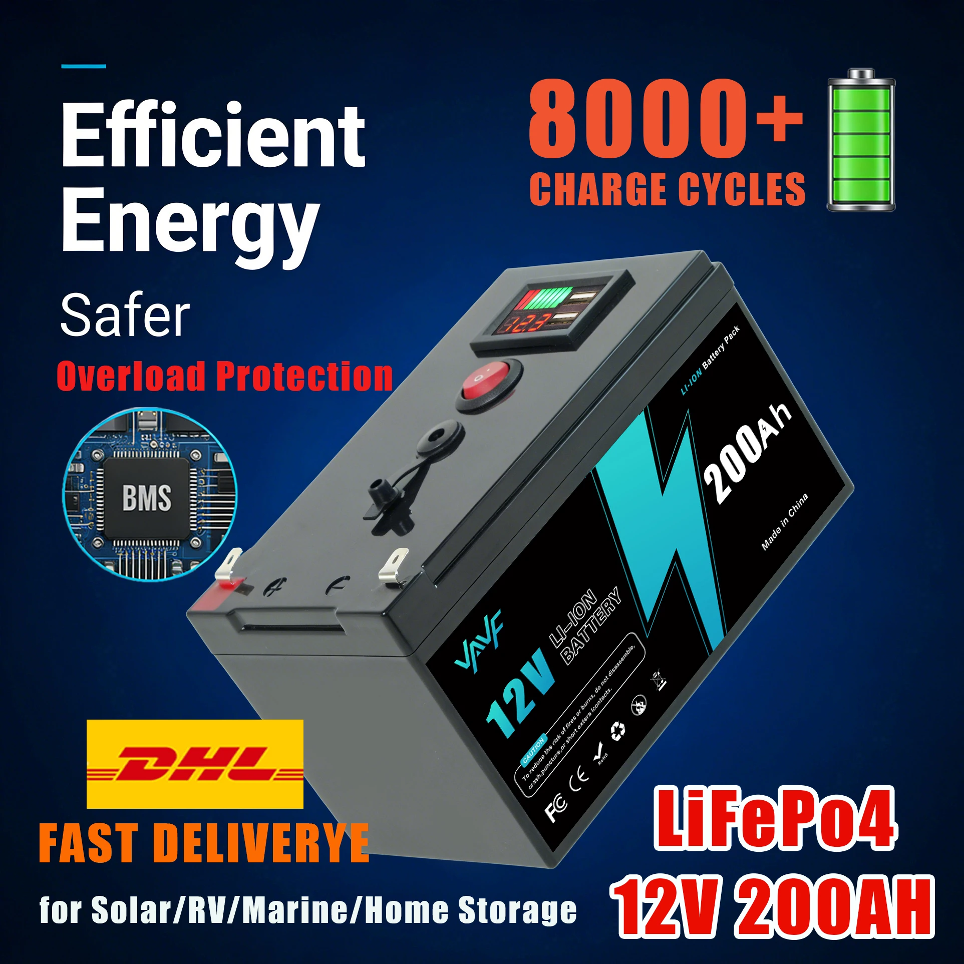 

Lithium Battery 12V200Ah Lithium Iron Phosphate Battery w/ Enhanced BMS-Perfect for Solar Storage, RV, Boat, Solar Battery