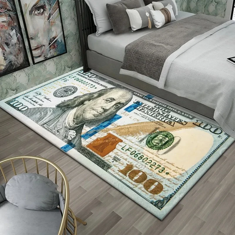 VIKAMA Creative 100 Dollar Bill Print Rug, Non-Slip Funny Money Floor Mat for Bedroom, Living Room & Novelty Decor