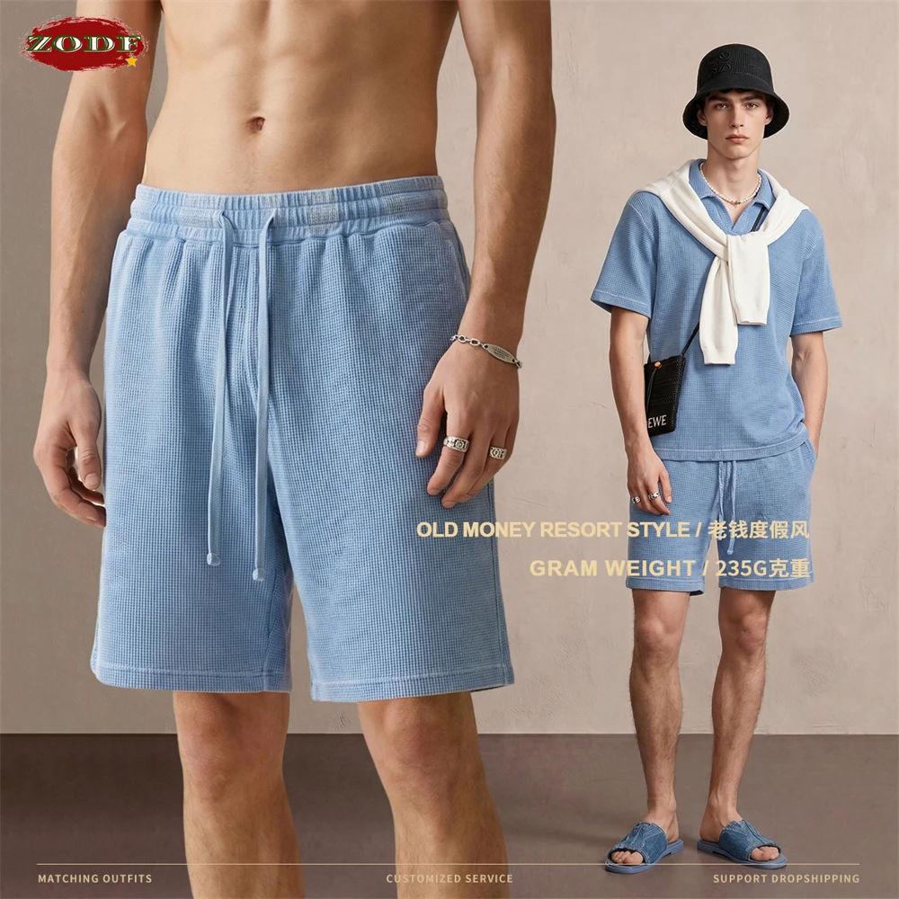 ZODF Retro Summer 235gsm Washed Waffle Shorts For Man Unisex Distressed Breathable Old Money Style Shorts Streetwears HY1277