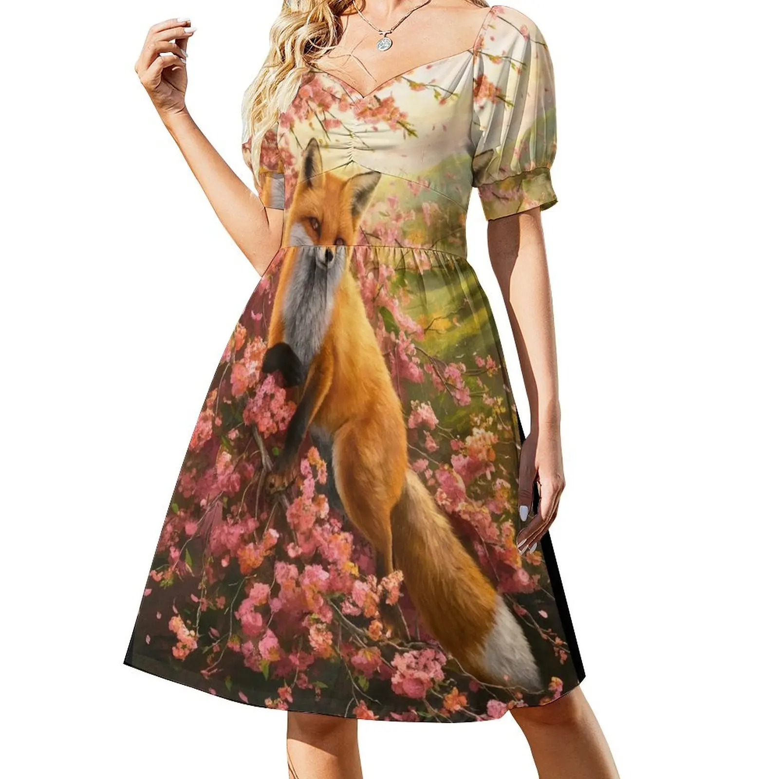 

Fox Portrait. Fox with cherry blossom, floral fox, fox painting, Raphael style Dress luxury women's party dress evening prom