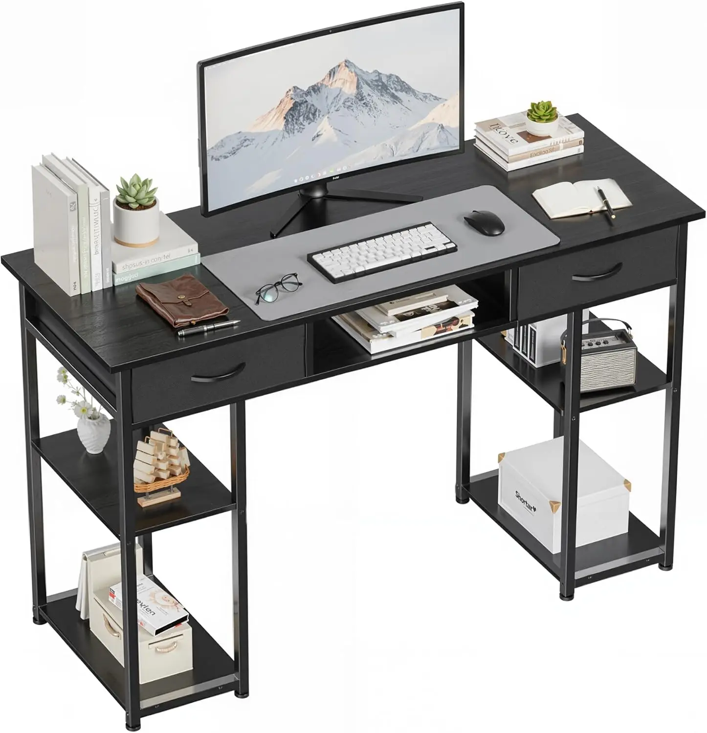 48 Inch Modern Home Office Desk with Fabric Drawers, Black Study Gaming Table for Small Spaces