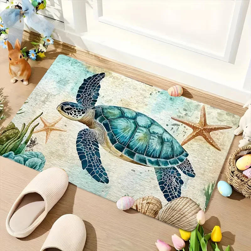 Coastal Sea Turtle Beach Doormat Mat Tropical Ocean Nautical Polyester Rug for Entryway Bathroom Indoor Outdoor Home Decor