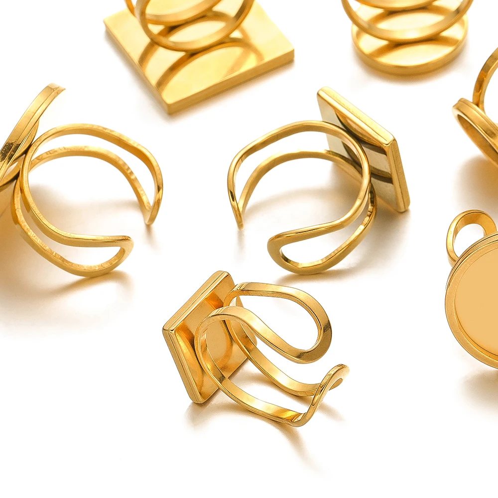 4 pezzi in acciaio inox rotondo anello aperto Base cabochon in vetro impostazioni cammeo vassoio vuoto per basi anello fai da te impostazione creazione di gioielli