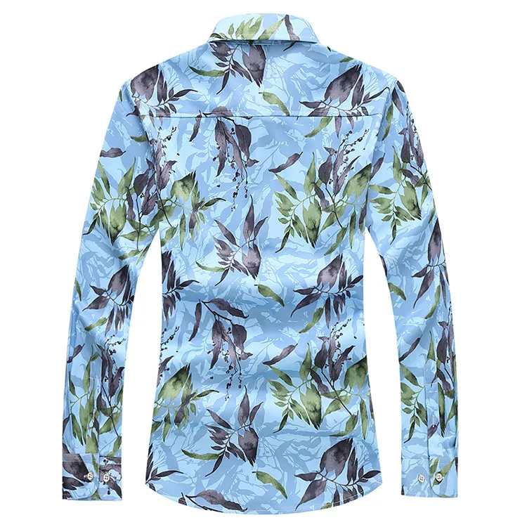 Spring New Men's Light Blue Long-Sleeve Printed Shirts White Stretch Single-Button Collar Shirt Asian Sizes M-7XL, Black & Green