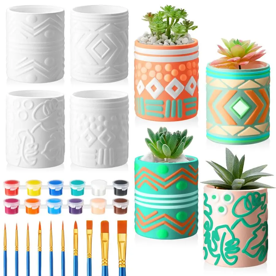

Set of 11 Paint Your Own Kit DIY Flower Pot Painting Includes 8 Pcs Unpainted Ceramic Succulent Planters 2 Pcs Color Paints 1 Se