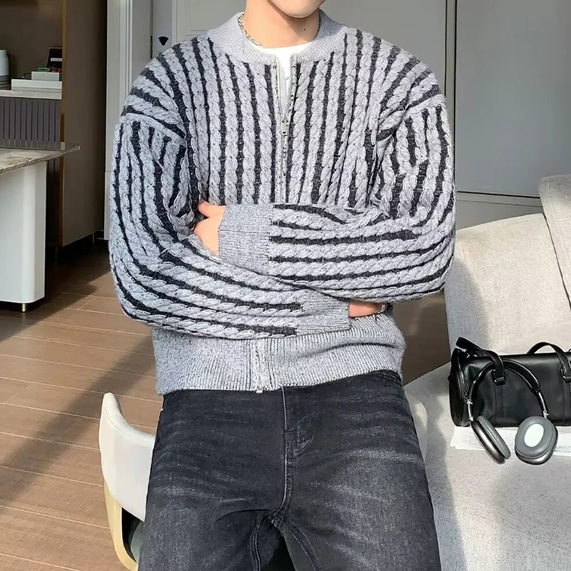 Abrigos de punto de ganchillo torcidos a la moda para hombre, cárdigan de punto ajustado a la moda de otoño, Tops informales para hombre con cuello redondo y cremallera, chaquetas