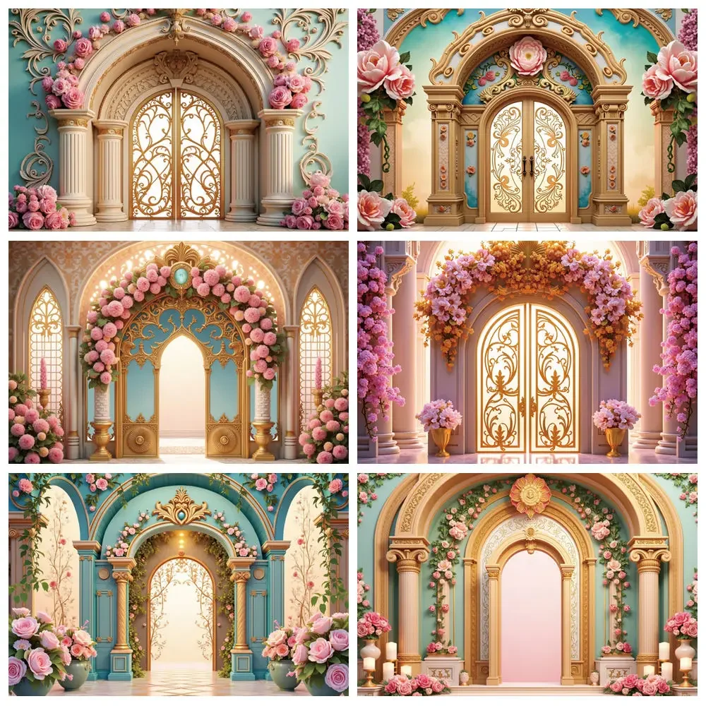 

MOON.QG Fairy Birthday Palace Backdrop Photography Arch Door Castle Flowers Photozone Background Children Studio Photozone Props