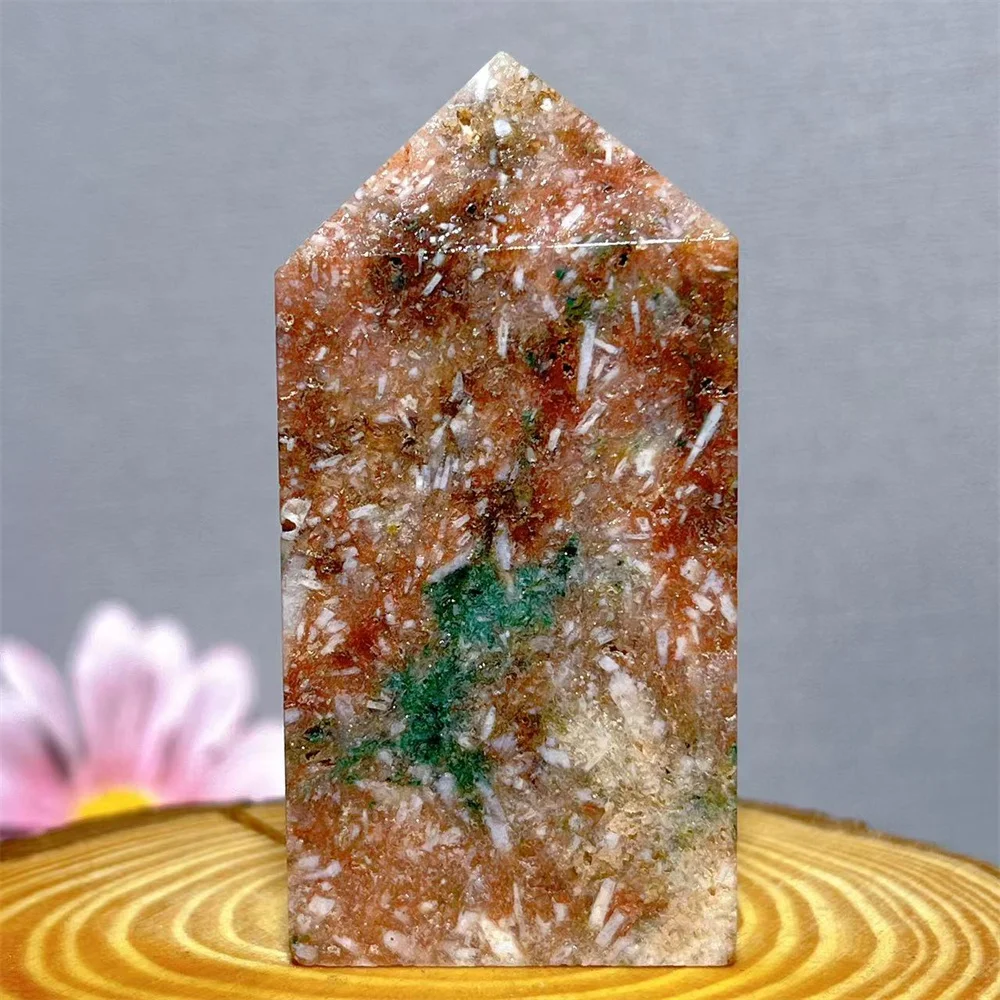 

Crystal Natural Pink Flower Agate Tower Point Wand Stone Quartz Energy Healing Living Spiritual Reiki Home Decoration