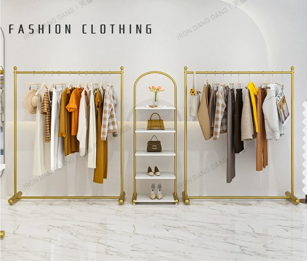 

Clothing store hangers, wrought iron gold floor standing clothes display racks, women's clothing store shelves display racks