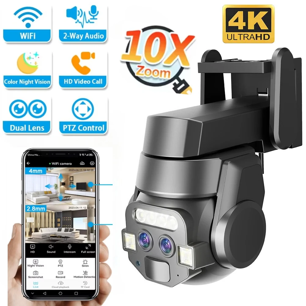10X Zoom Outdoor Surveillance Camera 4k 6MP Dual Lens Cctv Wifi Video Night Vision Auto Track Home Cam PTZ 360° Panoramic Camera