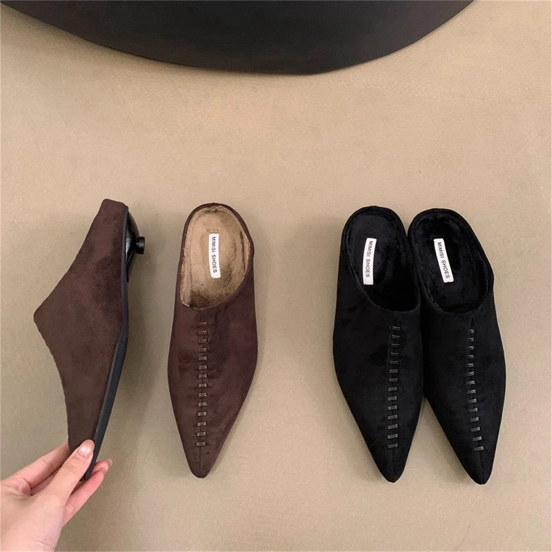 

SUOJIALUN 2025 Winter New Brand Women Mules Shoes Fashion Pointed Toe Slip On Slipper Low Heel Outdoor Ladies Elegant Slides