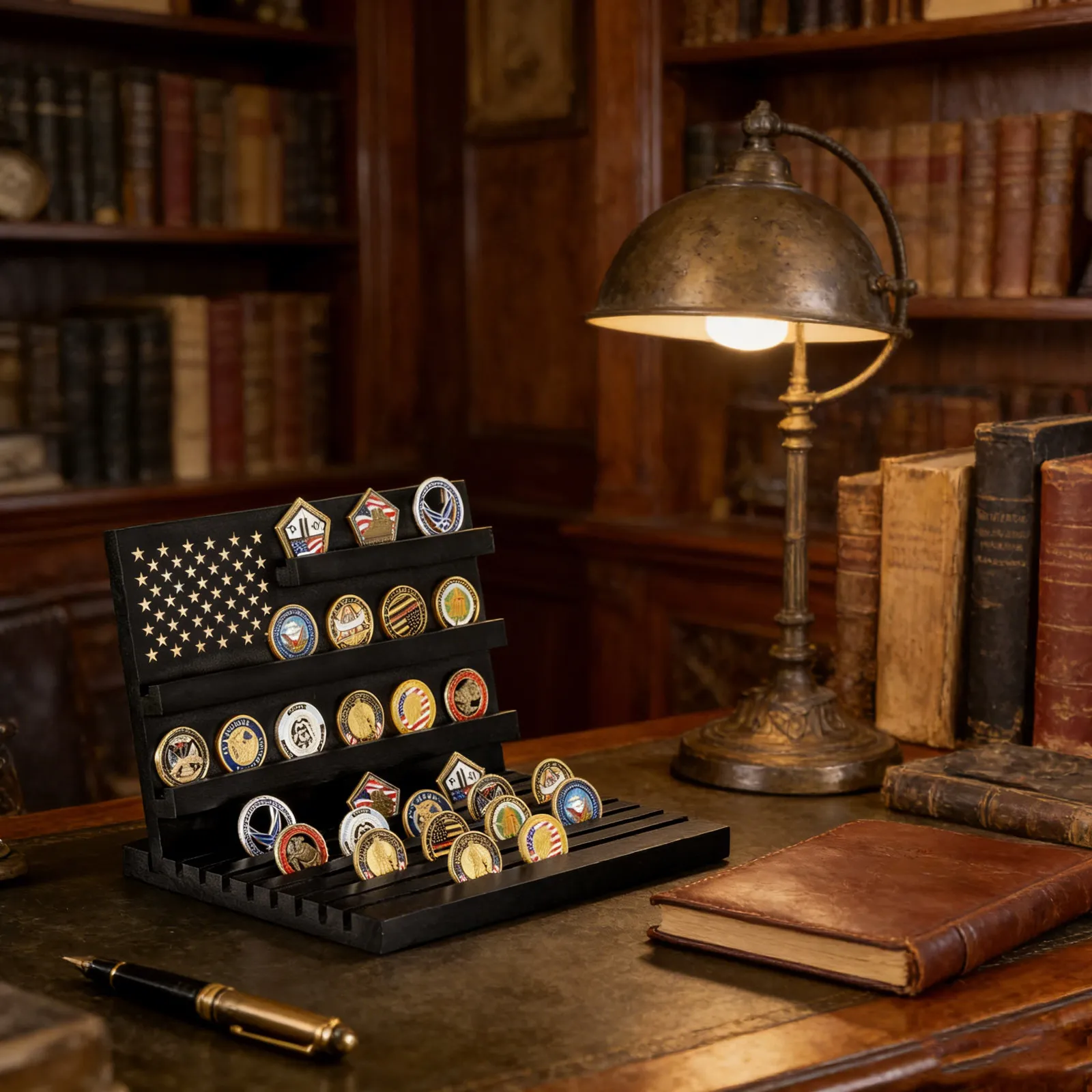 Wooden Challenge Coin Display Stand Military Medal Holder Rack for Collectors with Multi-Tier Slots Natural Wood Grain Home
