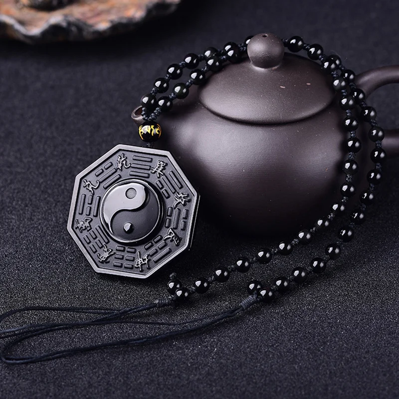 Nature Black Obsidian Yin Yang Bagua Pendant with Necklace n Women Bagua Pendant with Necklace fashionable men women