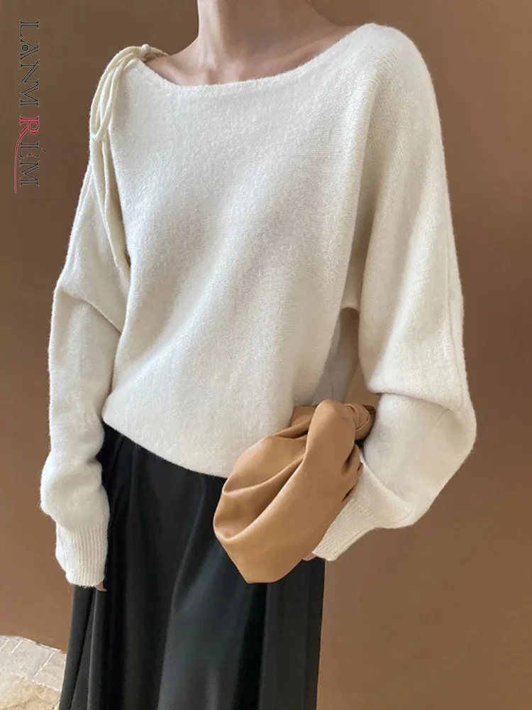 [LANMREM] Slash Neck Lace-up Pullovers For Women Long Sleeve Warm Fit Feamle Sweater Office Lady 2024 Winter New 26C1162