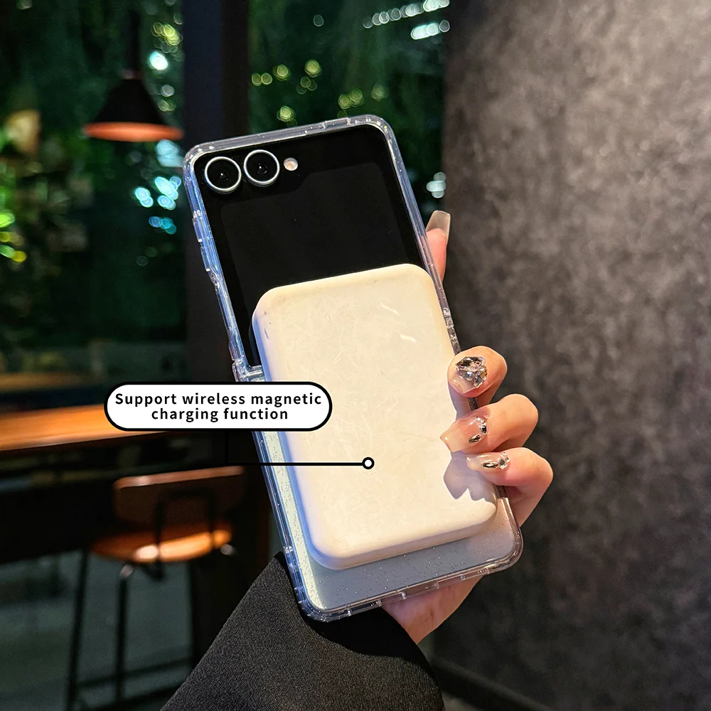 Z Flip7 Custodia magnetica colorata con glitter trasparente per Samsung Galaxy Z Flip 7 ZFlip7 Cover laser antiurto con ricarica wireless