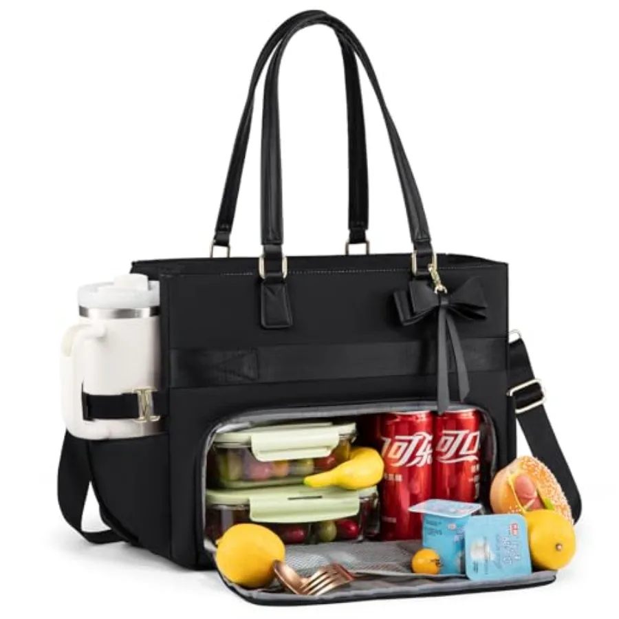 

Lunch Bag Tote for Women: Insulated Lunch Compartment Black Polyester Large Capacity with 15.6 Laptop Fit Cup Holder