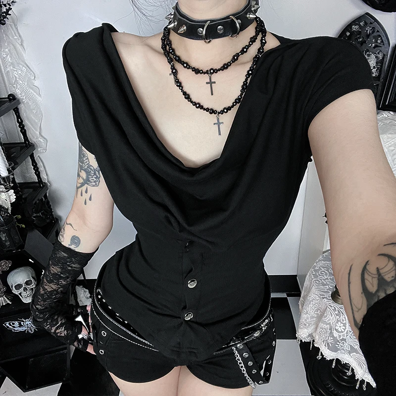 AltGoth Emo Alt Grunge T-shirt Women Mall Gothic Dark Streetwear Y2k E-girl Irregular Collar Short Sleeve Crop Tee Tops Female