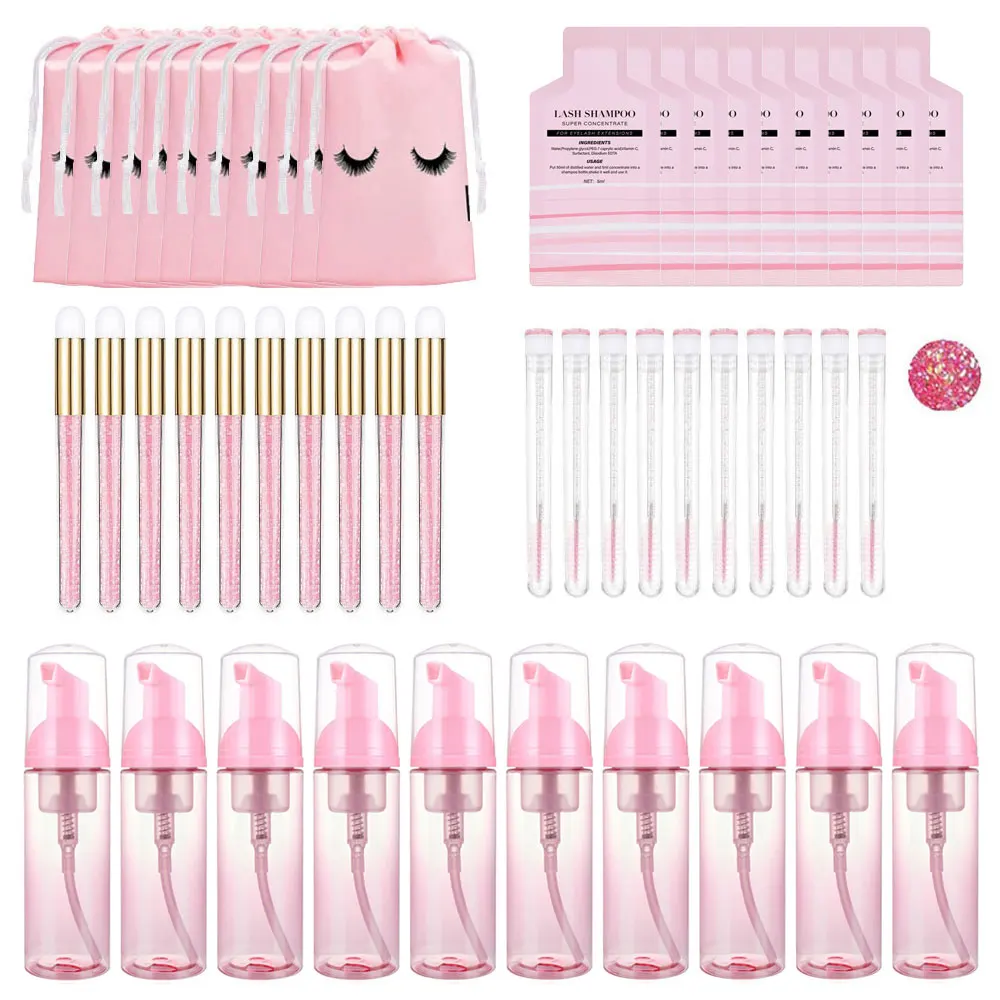 60ml Refillable Leakproof Empty Foam Pump Bottles Eyelash Extension Shampoo Kit Lash Comb Tube Cleaning Brush EVA Storage Bags