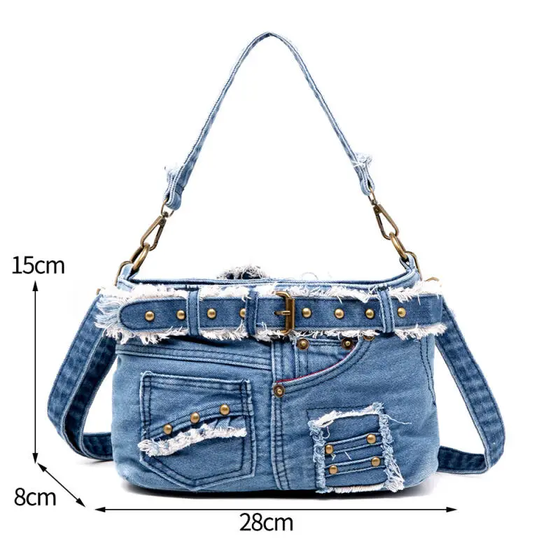 Fashion Denim Canvas Shoulder Bags With Pockets 2024 Trendy Personalized Rivet Crossbody Bags for Women Casual Ladies Handbags