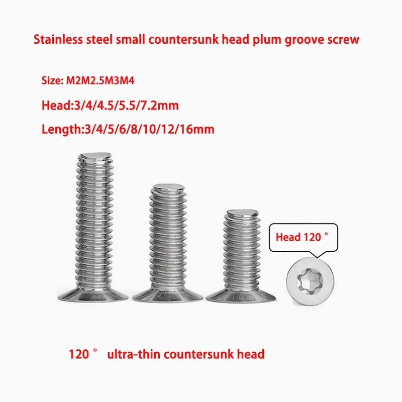 

200PCS Thin Flat Head Screw 304 Stainless Steel 120° Plum Blossom Groove Design M2 M2.5 M3 M4