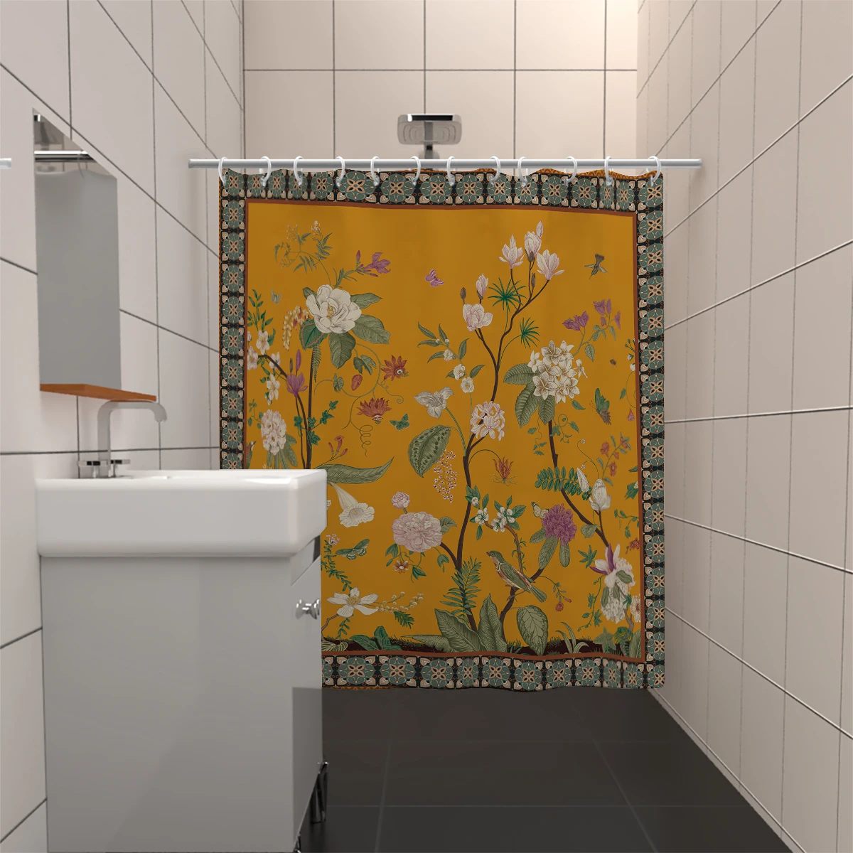 1 piece of 180x180cm yellow retro floral pattern printed shower curtain partition, bathroom waterproof and mildew proof