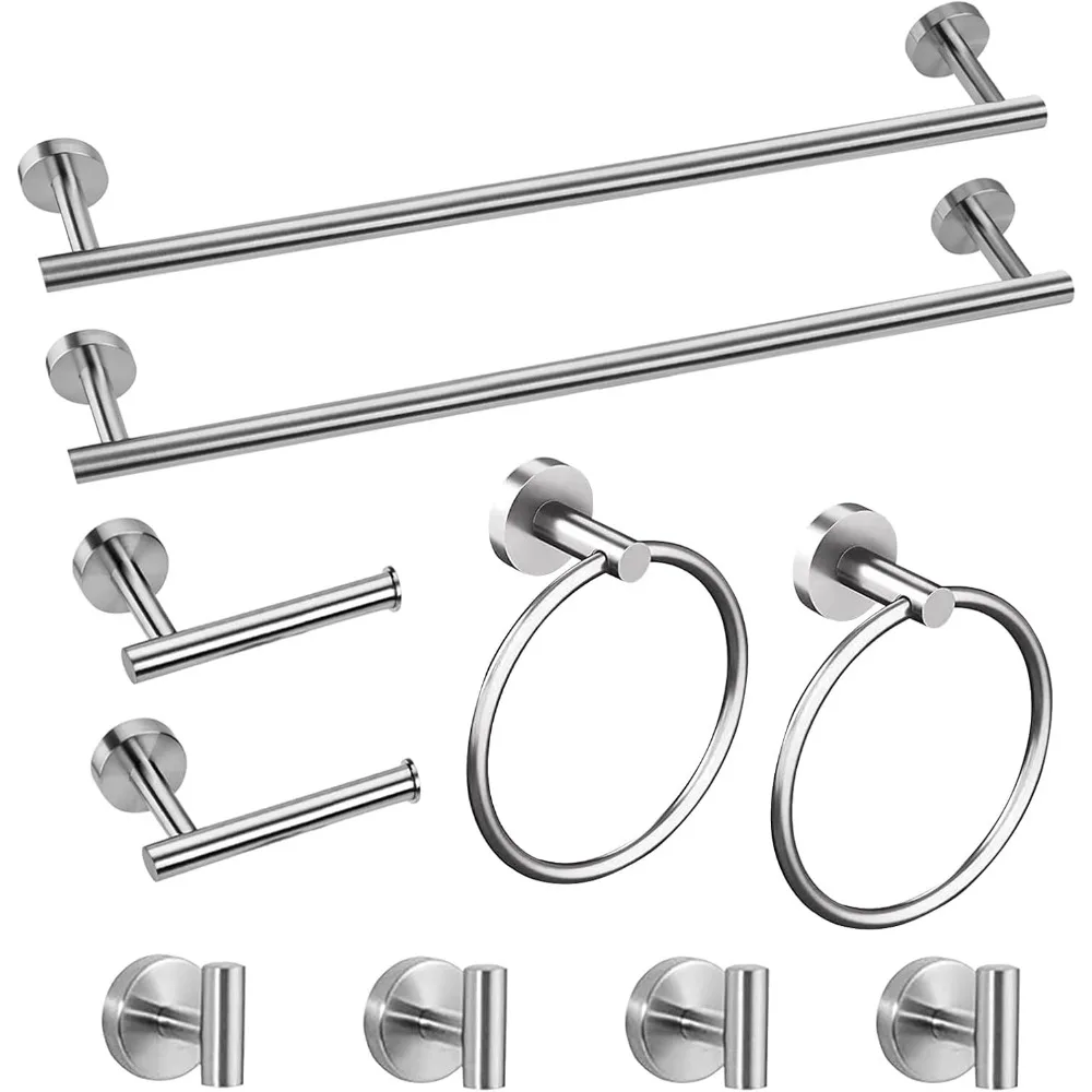 

10-Piece Brushed Nickel Bathroom Set with Towel Bar, Ring, Toilet Paper Holder, and Hooks in SUS304 Stainless Steel