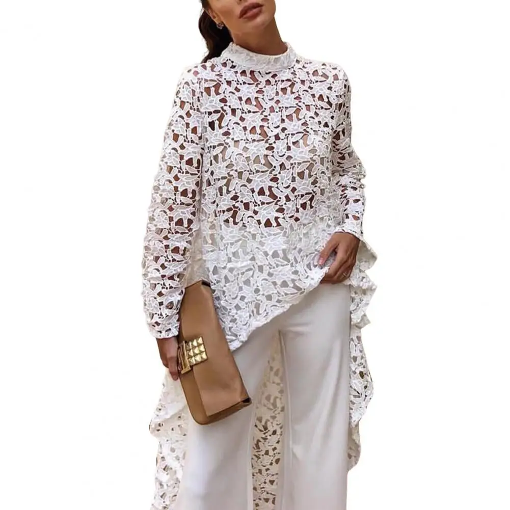 Regular Fit Top Dress Elegant Lace Floral Patchwork Long Sleeve Blouse with Cutout Detail Half-high Collar Women's See-through