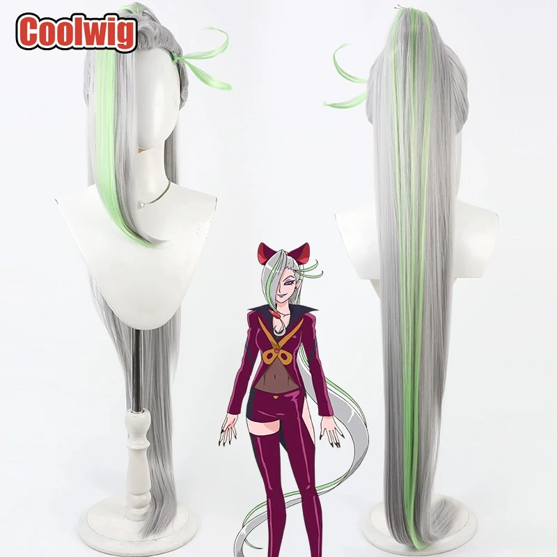 

Coolwig Synthetic Hair Chokkirine Cosplay Wigs Futari wa Pretty Cure 100cm Silver White Mixed Green Ponytail Wig Heat Resistant