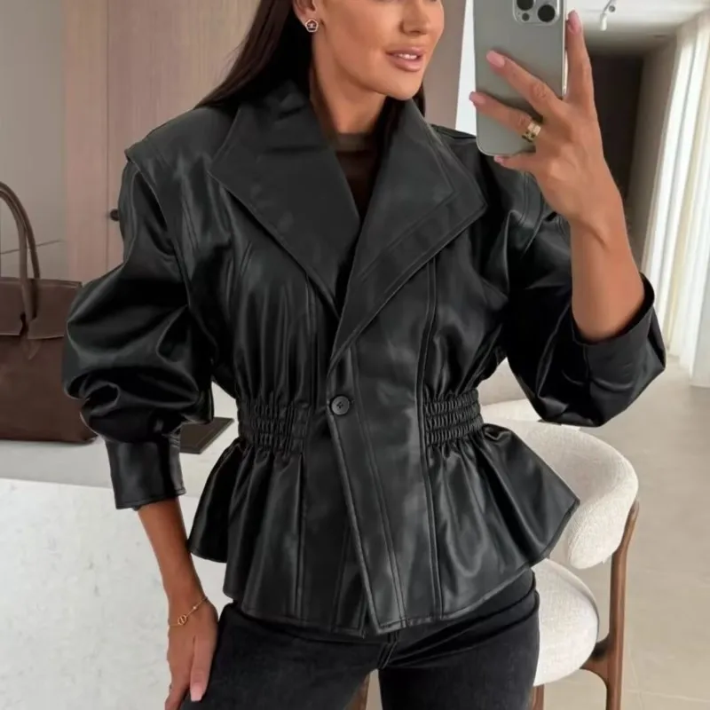 

2025 Autumn New Women's Lapel-Designed Versatile Lantern Sleeve Faux Leather Jacket Fashionable & Trendy Outerwear Tops