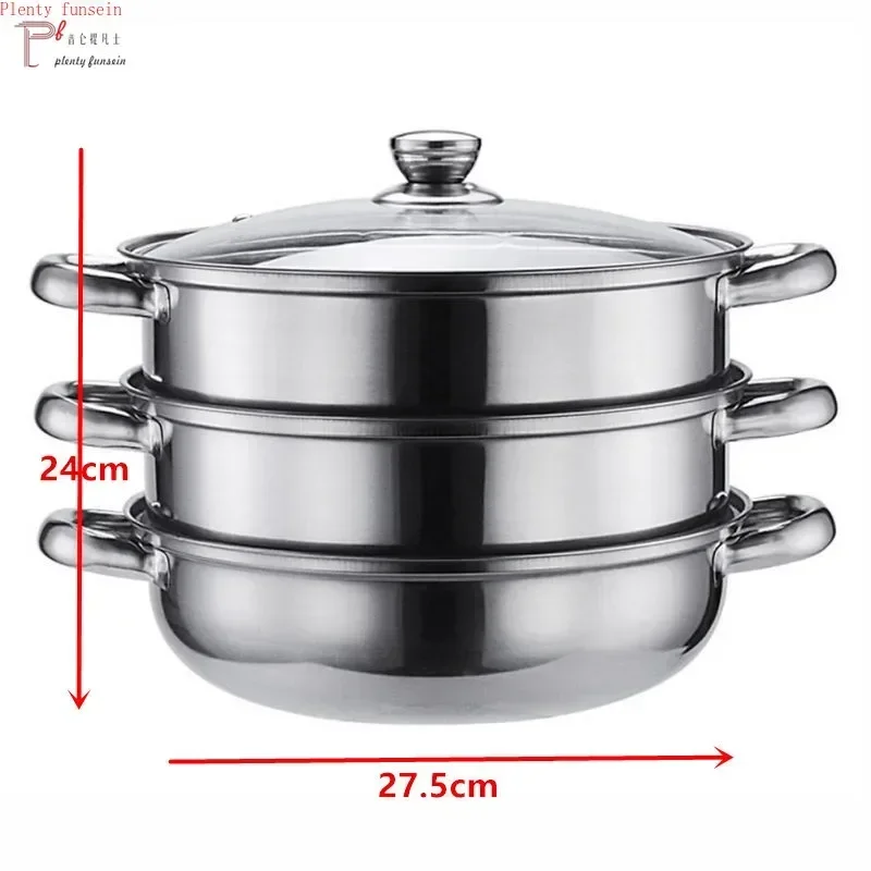 

304 large-capacity stainless steel double-layer steamer household multi-functional steamer thickened glass lid soup pot