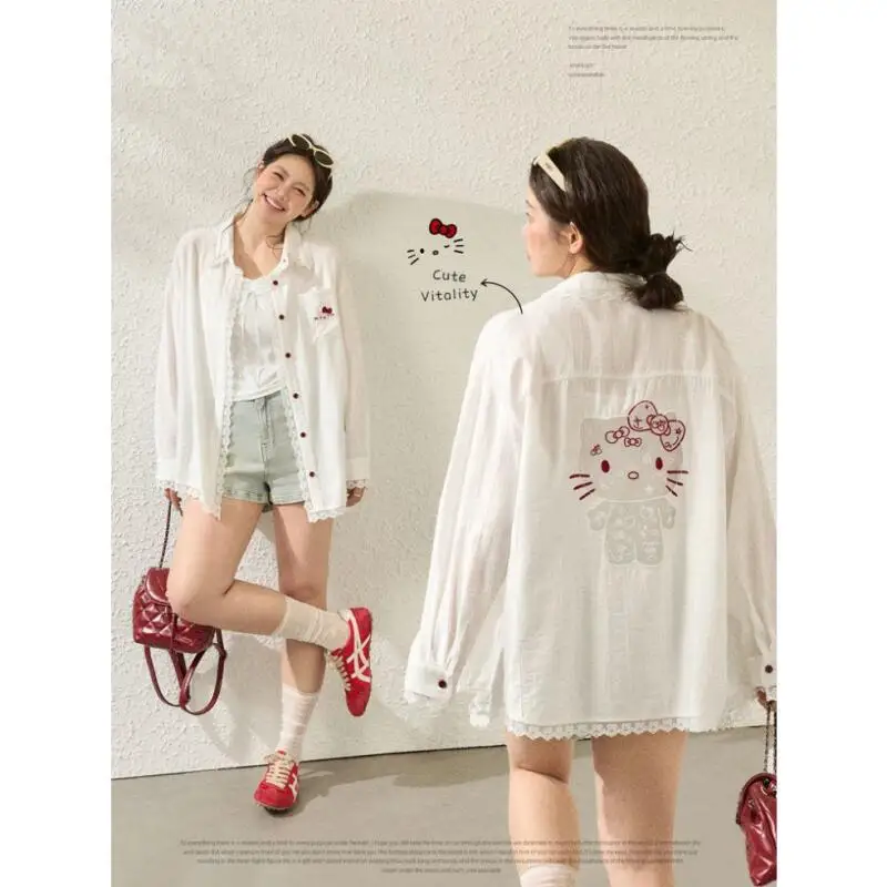 

Белая футболка с принтом Hello Kitty для девочек, летняя, больших размеров, женская одежда, свободная, удобная, с кружевом, не мнется